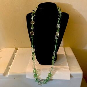 Talbots beaded necklace, squares, round light blue & glass clear 24”